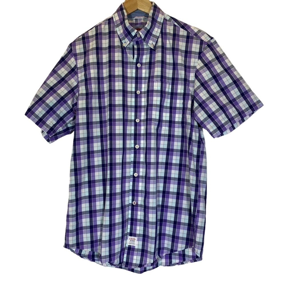 Izod men's classic sz Small  purple white plaid short sleeve dress casual shirt